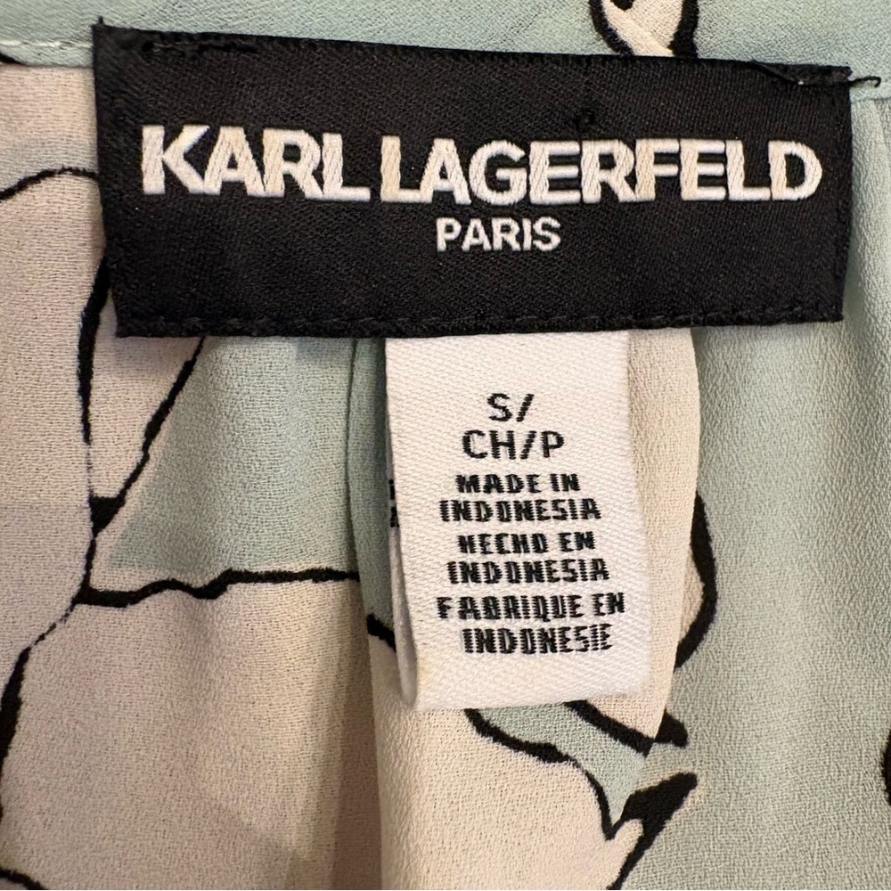 Karl Lagerfeld Paris Mint Floral Tie-Neck Balloon Sleeve Chiffon Blouse Sz Sm - Picture 7 of 8